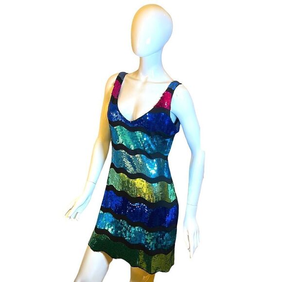 Frederick’s  of Hollywood Bright Color Block Sequin Tank Slip Mini Dress L Neon - Picture 13 of 15